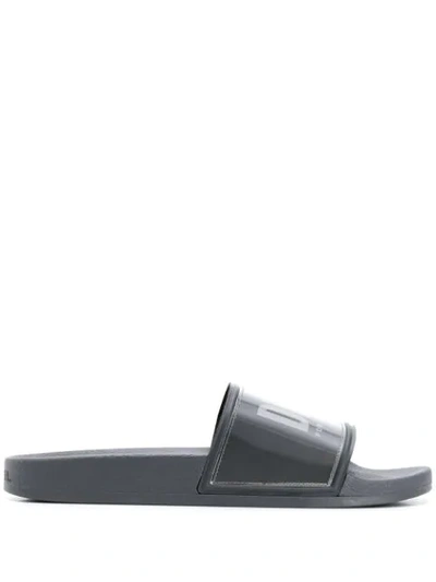 Shop Diesel Logo Print Slides In H7664 Grey