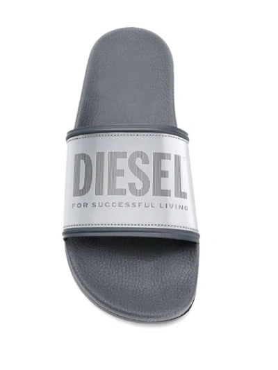Shop Diesel Logo Print Slides In H7664 Grey