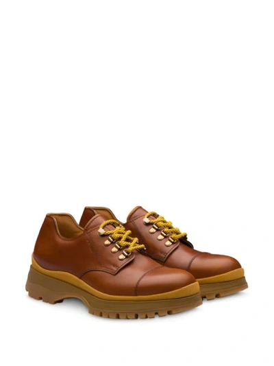 Shop Prada Leather Laced Derby Shoes In Brown