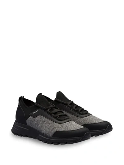 Shop Prada Mouliné Knitted Panel Sneakers In Black