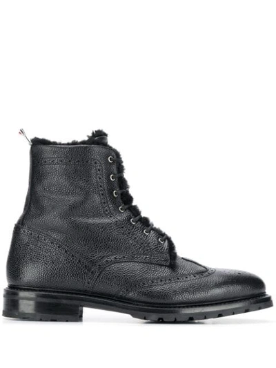 Shop Thom Browne Shearling Lining Wingtip Boot In Black