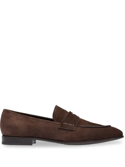 Shop Prada Suede Penny Loafers In Brown