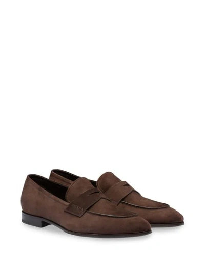 Shop Prada Suede Penny Loafers In Brown