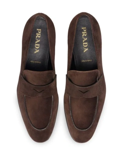 Shop Prada Suede Penny Loafers In Brown