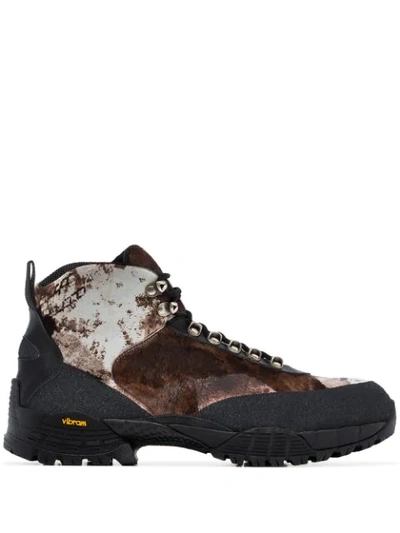 BLACK AND BROWN CAMO PONY SKIN BOOTS