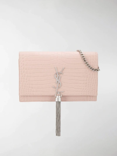 Shop Saint Laurent Small Kate Crocodile-effect Tassel Crossbody Bag In Pink
