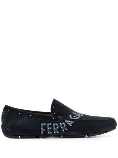 Shop Ferragamo Studded Logo Driving Loafers In Blue