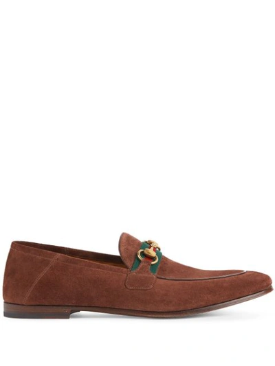 Shop Gucci Horsebit Web Loafers In Brown