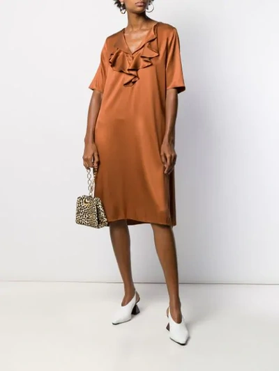 Shop Aspesi Ruffled Neck Silk Dress In Brown