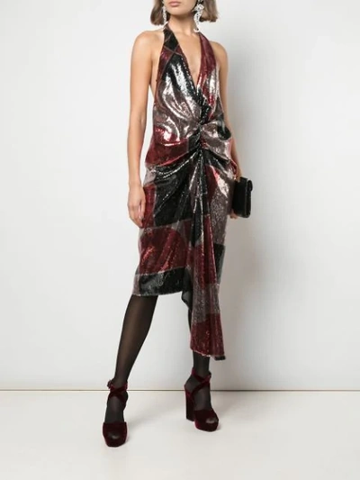 Halpern Draped Sequined Tulle Halterneck Midi Dress In Multicolour