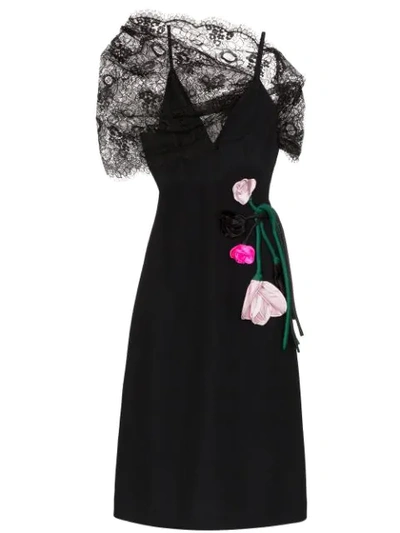 Shop Prada Lace-panelled Floral-appliqued Midi Dress In F0806 Black