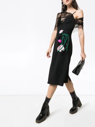 Shop Prada Lace-panelled Floral-appliqued Midi Dress In F0806 Black