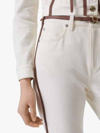 Shop Burberry Straight Fit Leather Harness Detail Jeans In White