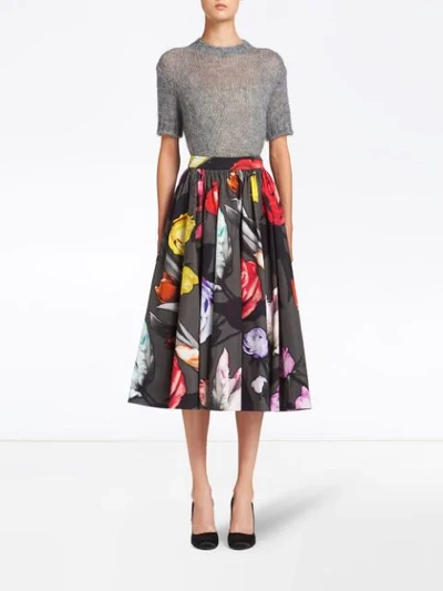 Shop Prada Floral Midi Skirt In Black