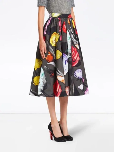Shop Prada Floral Midi Skirt In Black