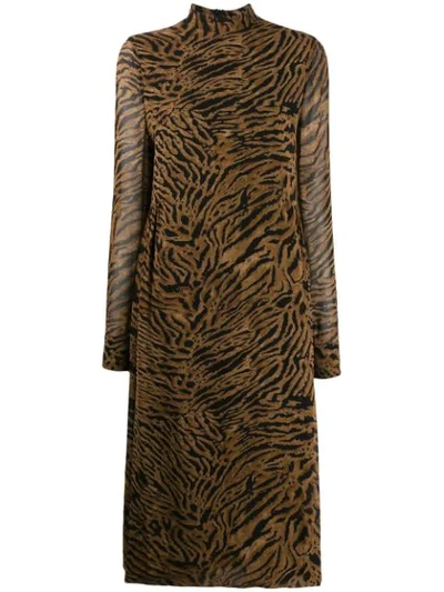 Shop Ganni Tiger Print Midi Dress In Brown