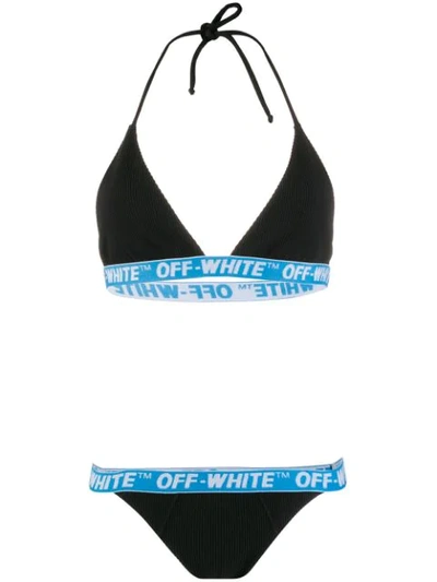 Shop Off-white Ribbed Logo Straps Bikini In Black