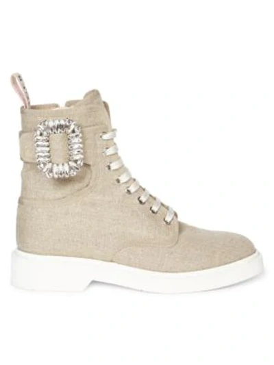 Shop Roger Vivier Viv Rangers Linen Combat Boots In Natural