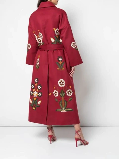 Shop Oscar De La Renta Embroidered Floral Belted Coat In Red