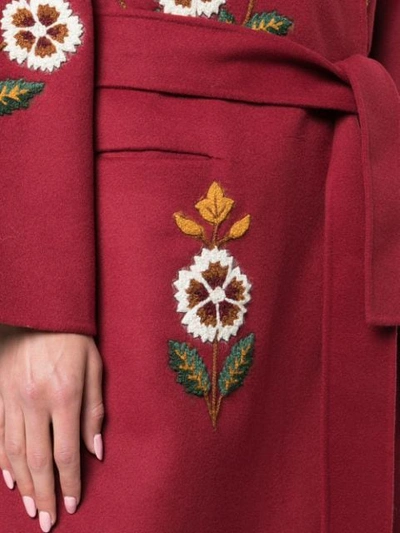 Shop Oscar De La Renta Embroidered Floral Belted Coat In Red