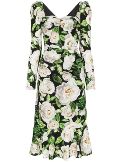 Shop Dolce & Gabbana Floral Print Midi Dress In Black