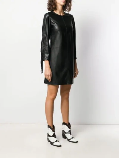 Shop Pinko Fringed Faux-leather Dress In Black