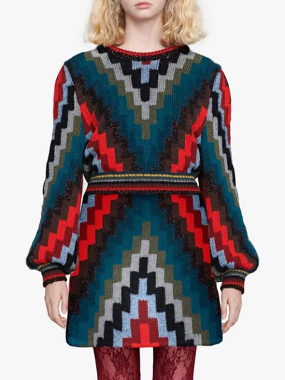Shop Gucci Geometric Knitted Mini Dress In Blue