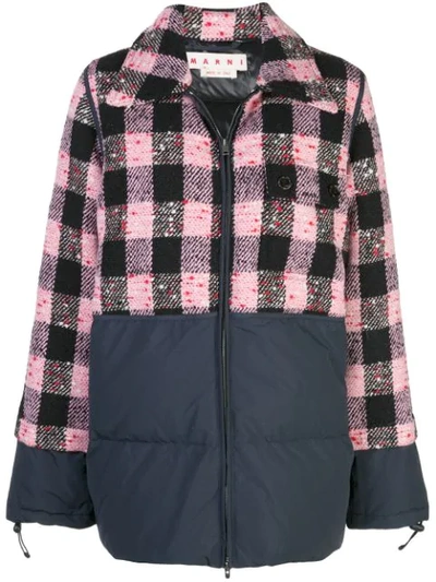 Shop Marni Bi-material Checked Quilted Jacket In Pink