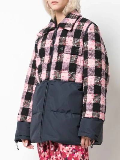 Shop Marni Bi-material Checked Quilted Jacket In Pink