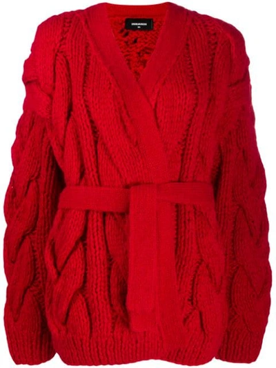 Shop Dsquared2 Oversized Chunky Knit Cardigan In Red