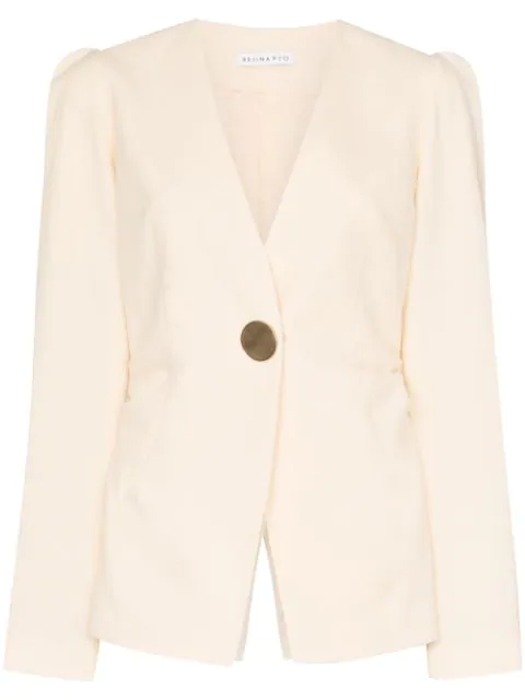white collarless jacket