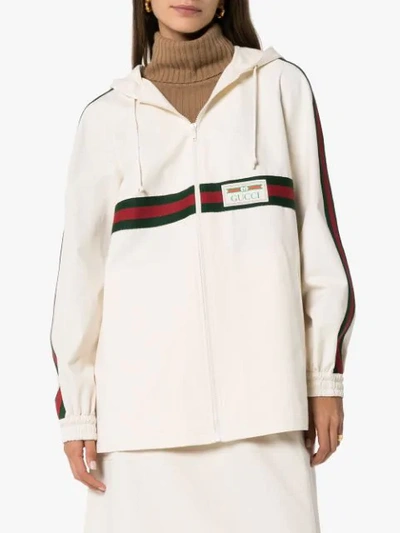 Shop Gucci Web Stripe Logo Patch Hoodie In  White:9381