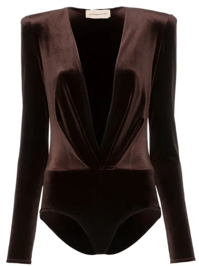 Shop Alexandre Vauthier Padded-shoulder Plunge Bodysuit In Brown
