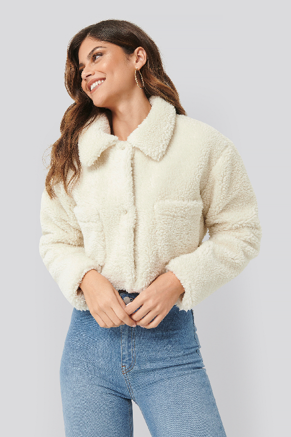 white cropped teddy jacket