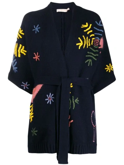 Shop Tory Burch Embroidered Wrap-style Cardigan In Blue