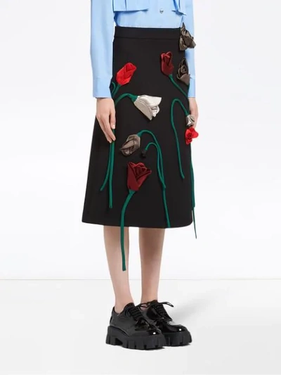 Shop Prada Natté Floral-appliqué Gabardine Skirt In Black
