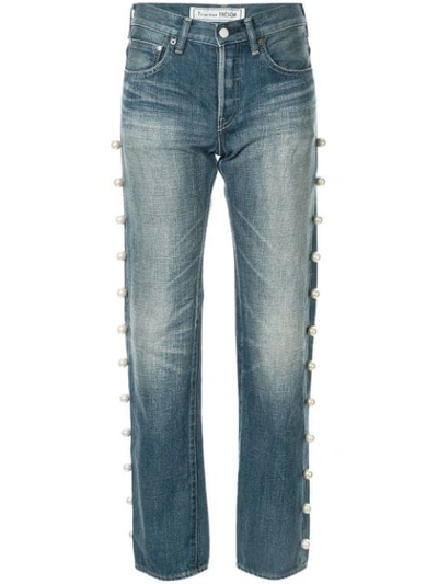 Shop Tu Es Mon Tresor Side Pearl Jeans In Blue