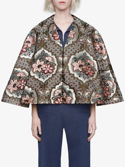 Shop Gucci Geometric Floral Jacquard Cape In Grey