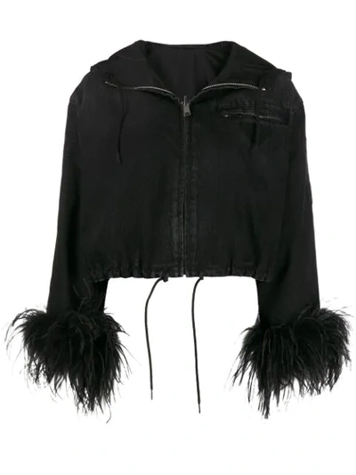 Shop Prada Feather Trim Denim Jacket In Black
