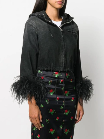 Shop Prada Feather Trim Denim Jacket In Black