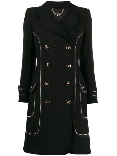Shop Elisabetta Franchi Contrast Piping Double-breasted Coat In Black