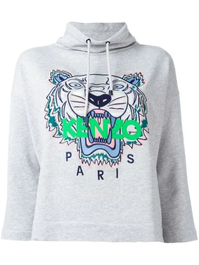 Shop Kenzo Cropped Tiger Hoodie In Grey