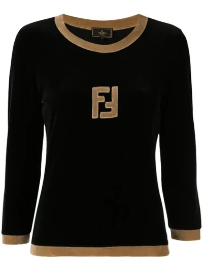 Pre-owned Fendi 1990s Long Sleeve Logo Top In Black
