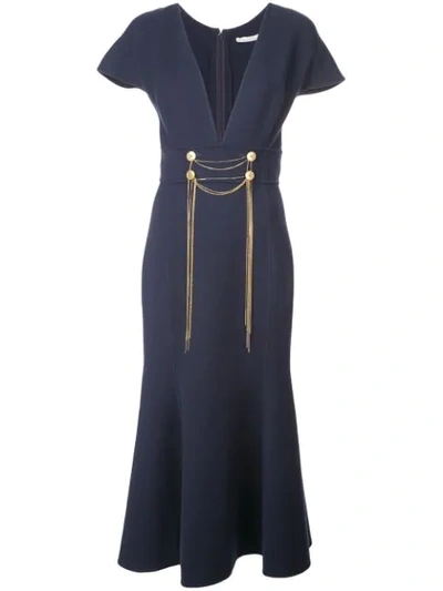Shop Oscar De La Renta Chain Embroidered Dress In Navy