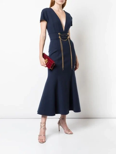 Shop Oscar De La Renta Chain Embroidered Dress In Navy