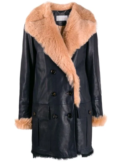 Shop Chloé Fur Lined Double Breasted Coat In Blue