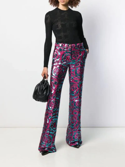 Shop Versace Brocade Barocco Jacquard Flared Trousers In A4401 Blue