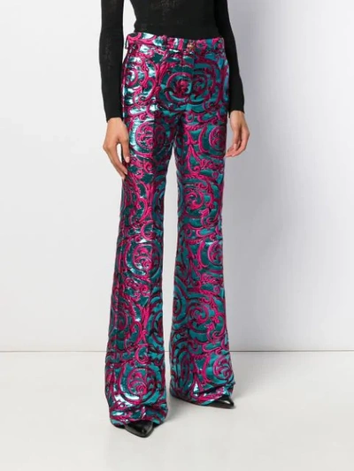 Shop Versace Brocade Barocco Jacquard Flared Trousers In A4401 Blue