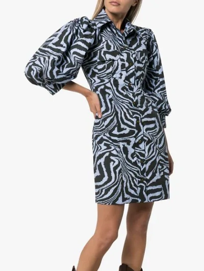 Shop Ganni Zebra-print Mini Shirt Dress In Blue