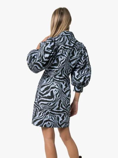 Shop Ganni Zebra-print Mini Shirt Dress In Blue